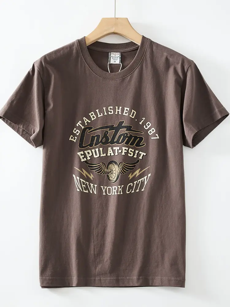 2025 Summer New American Retro Short Sleeve O-neck Letter Wing Printed T-shirt Men's Fashion 100% Cotton Washed Casual Tops