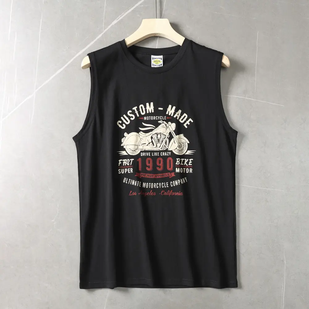 2025 Summer American Retro Sleeveless O-neck Motorcycle Printed T-shirt Men's Fashion 100% Cotton Basketball Sports Casual Vest