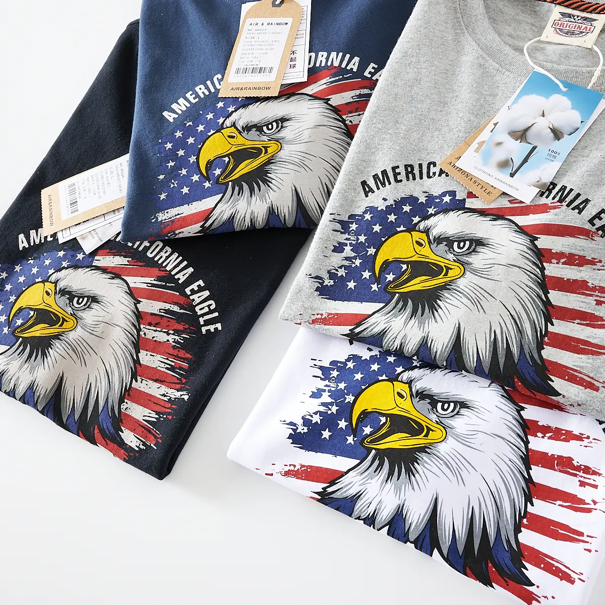 2025 Summer New American Retro Short Sleeve O-neck Letter Eagle Printed T-shirt Men's Fashion 100% Cotton Washed Casual Tops