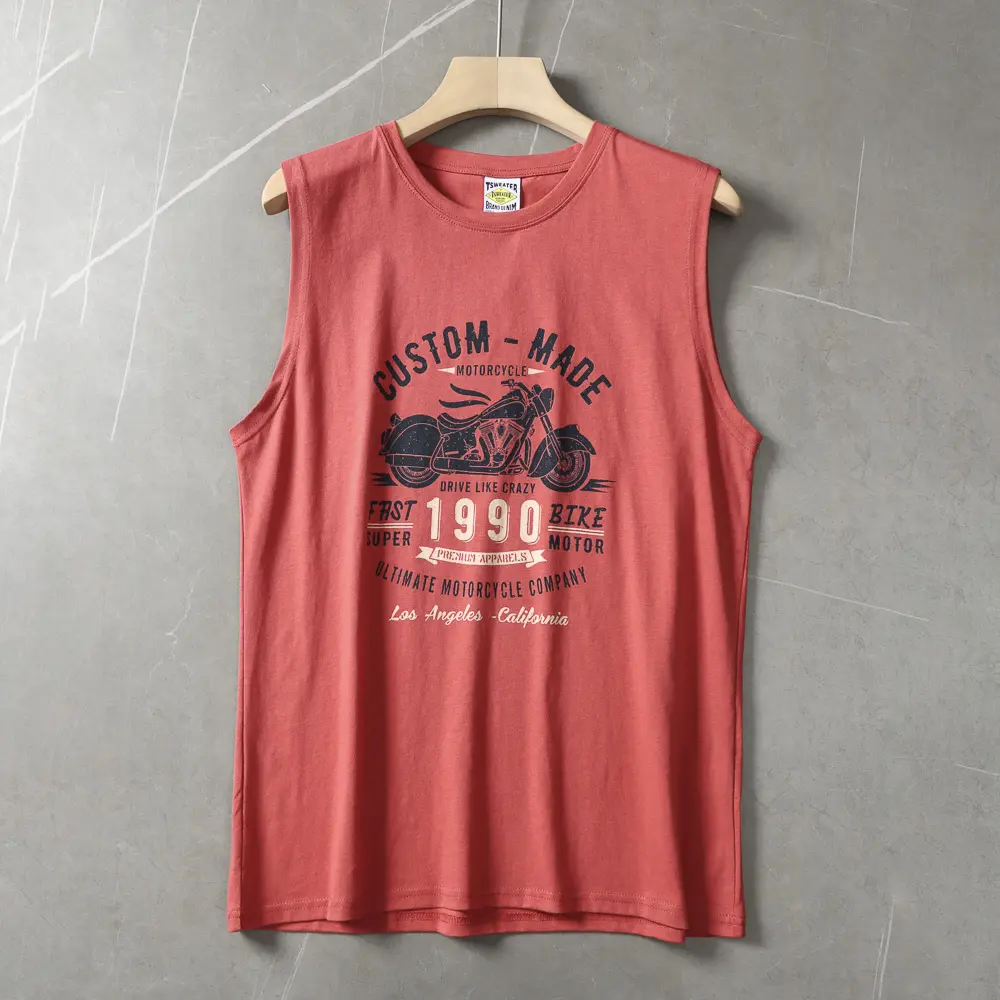 2025 Summer American Retro Sleeveless O-neck Motorcycle Printed T-shirt Men's Fashion 100% Cotton Basketball Sports Casual Vest