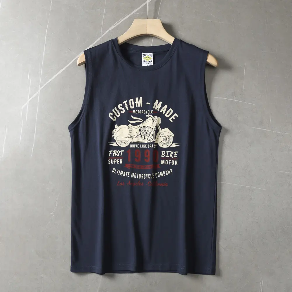 2025 Summer American Retro Sleeveless O-neck Motorcycle Printed T-shirt Men's Fashion 100% Cotton Basketball Sports Casual Vest
