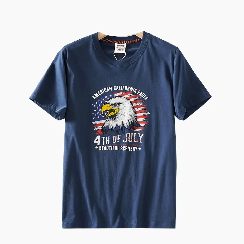 2025 Summer New American Retro Short Sleeve O-neck Letter Eagle Printed T-shirt Men's Fashion 100% Cotton Washed Casual Tops