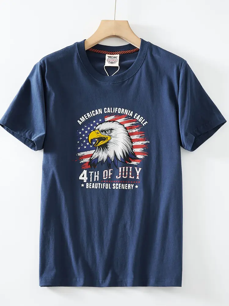 2025 Summer New American Retro Short Sleeve O-neck Letter Eagle Printed T-shirt Men's Fashion 100% Cotton Washed Casual Tops