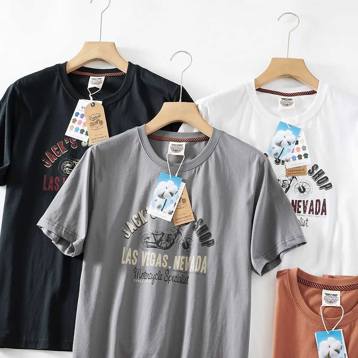 2025 Summer American Retro Short Sleeve O-neck Letter Motorcycle Printed T-shirt Men's Fashion 100% Cotton Washed Casual Tops