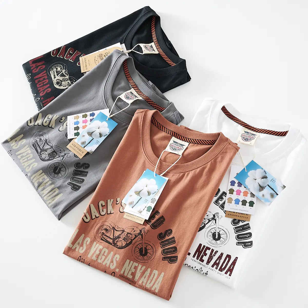 2025 Summer American Retro Short Sleeve O-neck Letter Motorcycle Printed T-shirt Men's Fashion 100% Cotton Washed Casual Tops