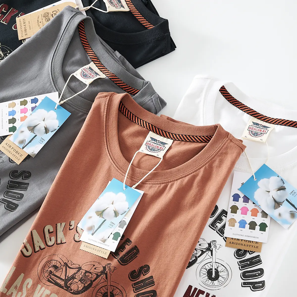 2025 Summer American Retro Short Sleeve O-neck Letter Motorcycle Printed T-shirt Men's Fashion 100% Cotton Washed Casual Tops