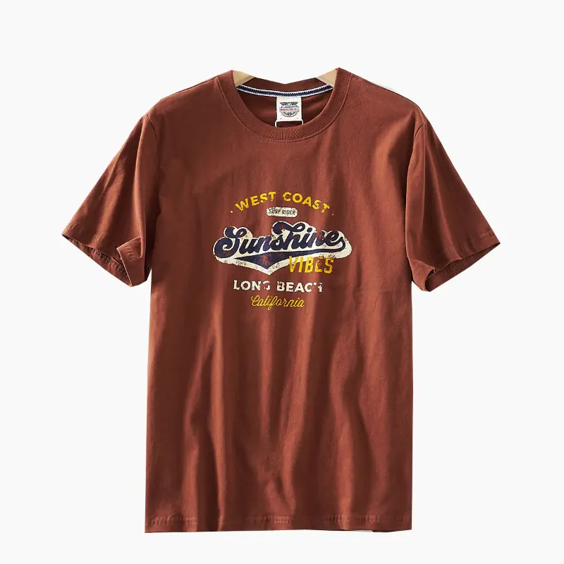 2025 Summer New American Retro Short Sleeve O-neck Letter Printed T-shirt Men's Fashion 100% Cotton Washed Casual Youth Tops