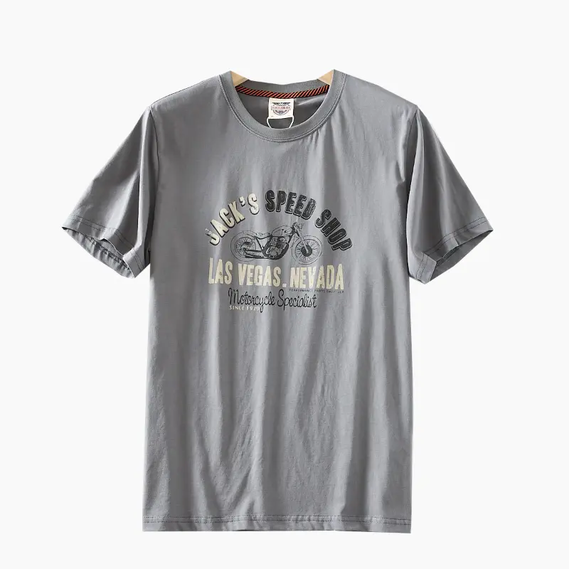 2025 Summer American Retro Short Sleeve O-neck Letter Motorcycle Printed T-shirt Men's Fashion 100% Cotton Washed Casual Tops