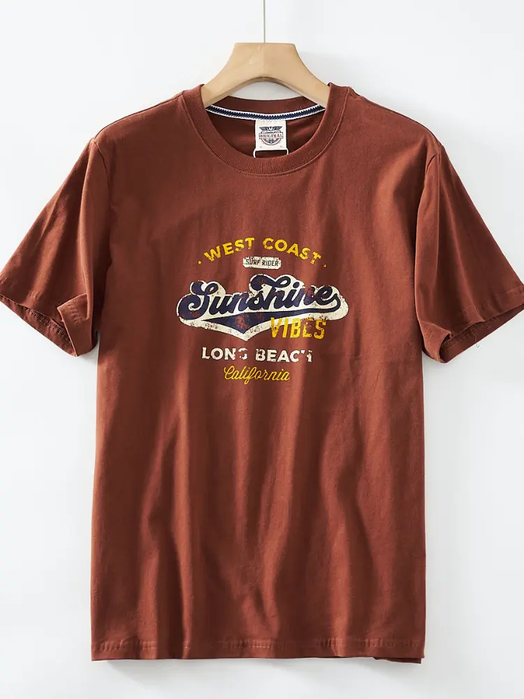 2025 Summer New American Retro Short Sleeve O-neck Letter Printed T-shirt Men's Fashion 100% Cotton Washed Casual Youth Tops