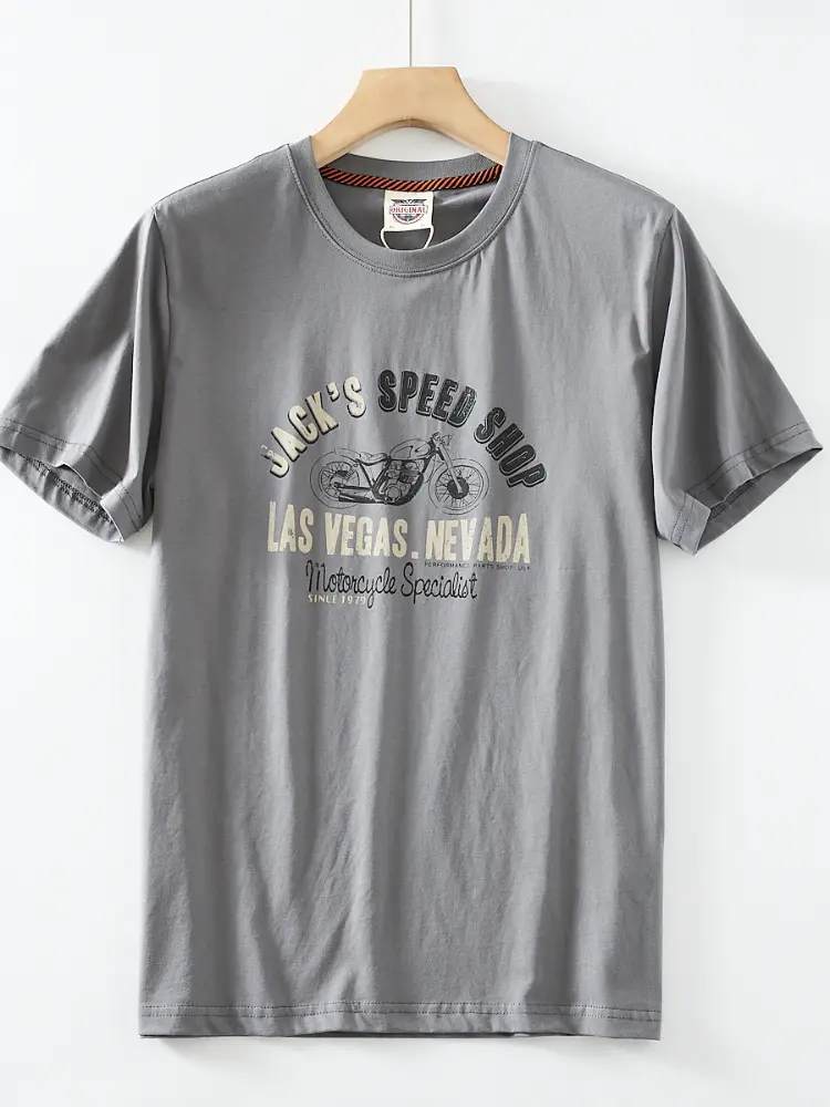 2025 Summer American Retro Short Sleeve O-neck Letter Motorcycle Printed T-shirt Men's Fashion 100% Cotton Washed Casual Tops