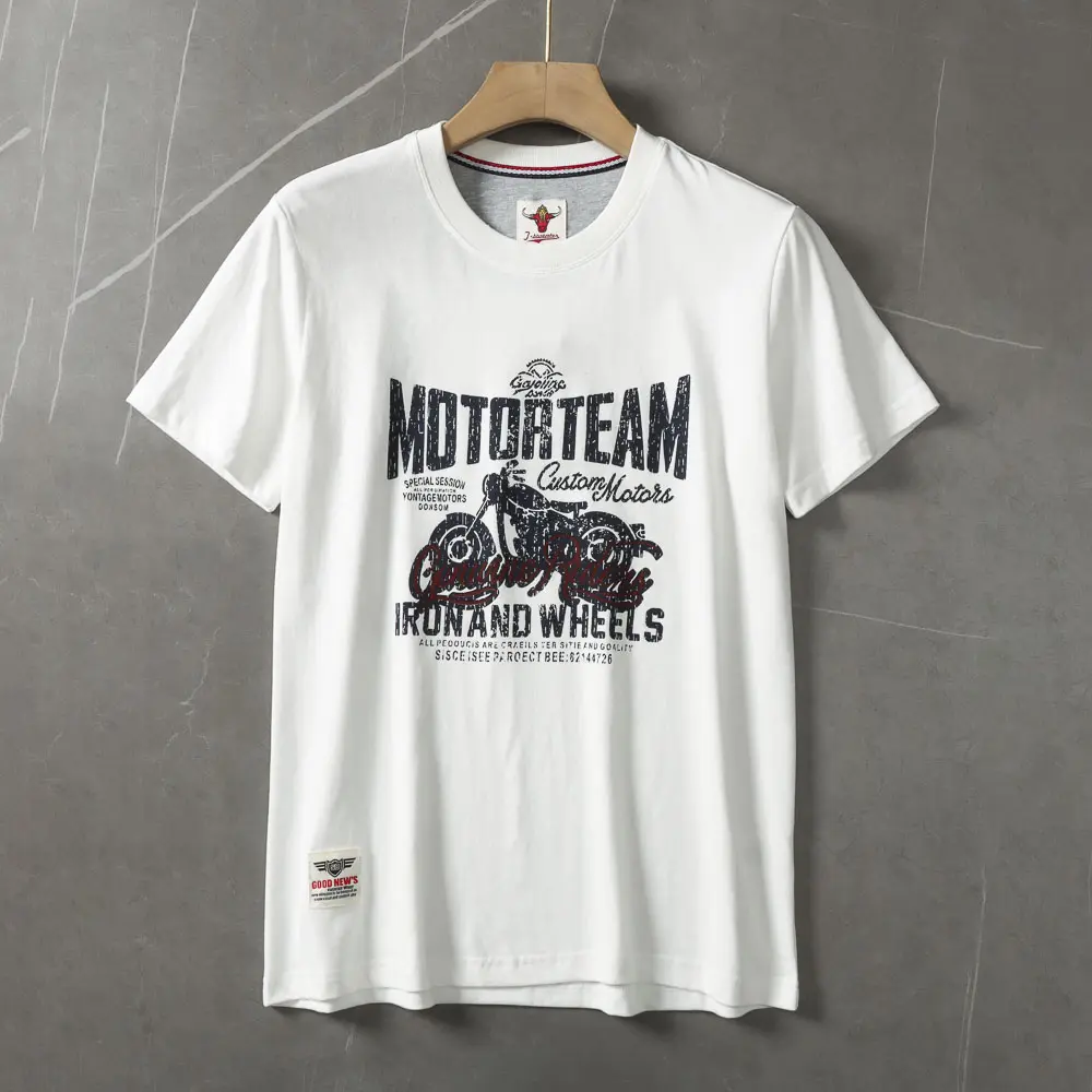 2025 Summer American Retro Short Sleeve O-neck Letter Motorcycle Printed T-shirt Men's Fashion 100% Cotton Washed Casual Tops