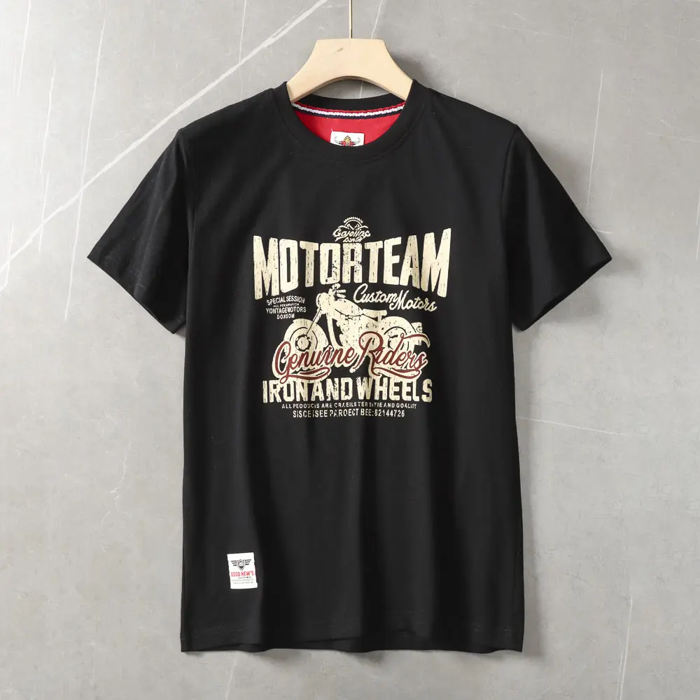 2025 Summer American Retro Short Sleeve O-neck Letter Motorcycle Printed T-shirt Men's Fashion 100% Cotton Washed Casual Tops