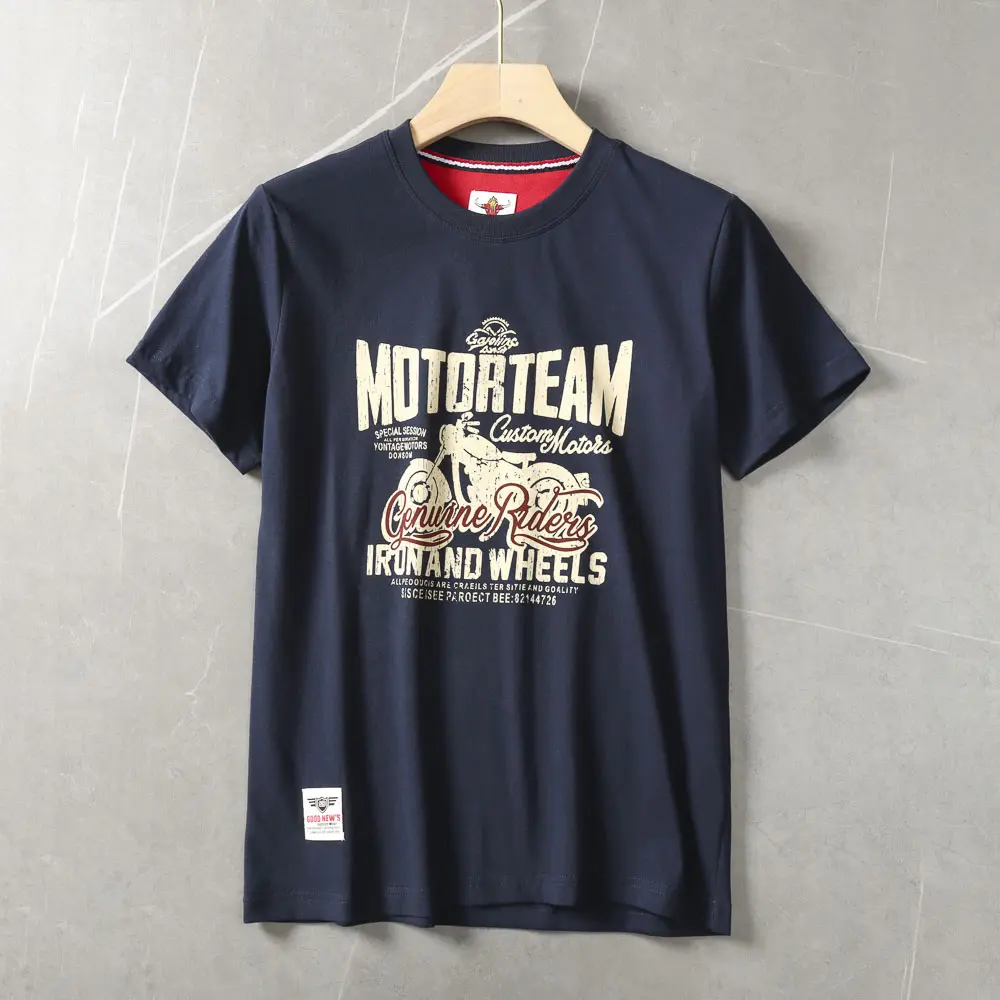2025 Summer American Retro Short Sleeve O-neck Letter Motorcycle Printed T-shirt Men's Fashion 100% Cotton Washed Casual Tops