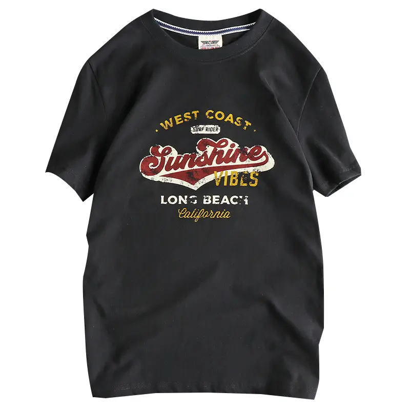 2025 Summer New American Retro Short Sleeve O-neck Letter Printed T-shirt Men's Fashion 100% Cotton Washed Casual Youth Tops