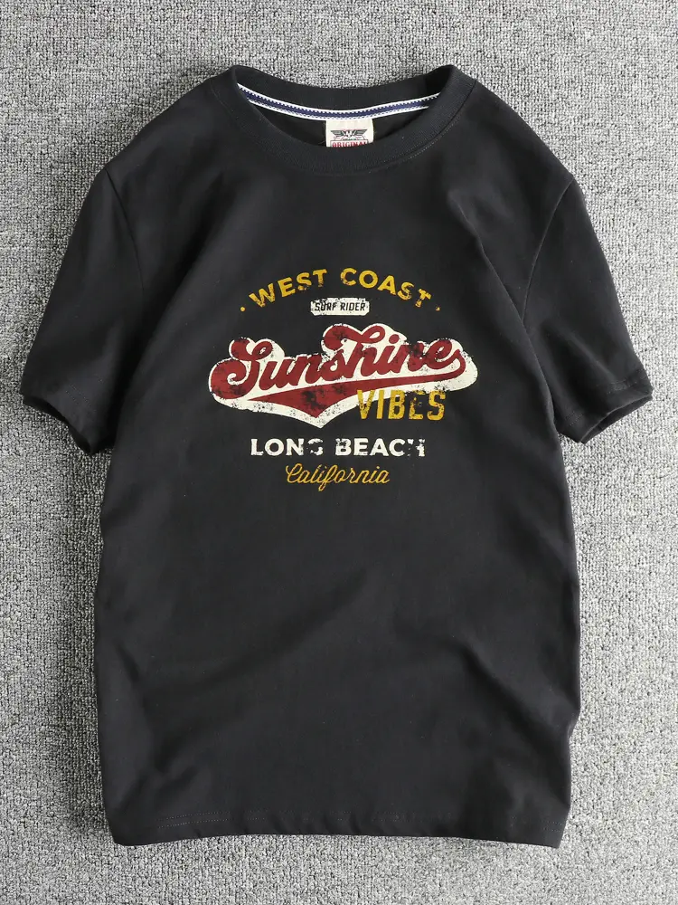 2025 Summer New American Retro Short Sleeve O-neck Letter Printed T-shirt Men's Fashion 100% Cotton Washed Casual Youth Tops