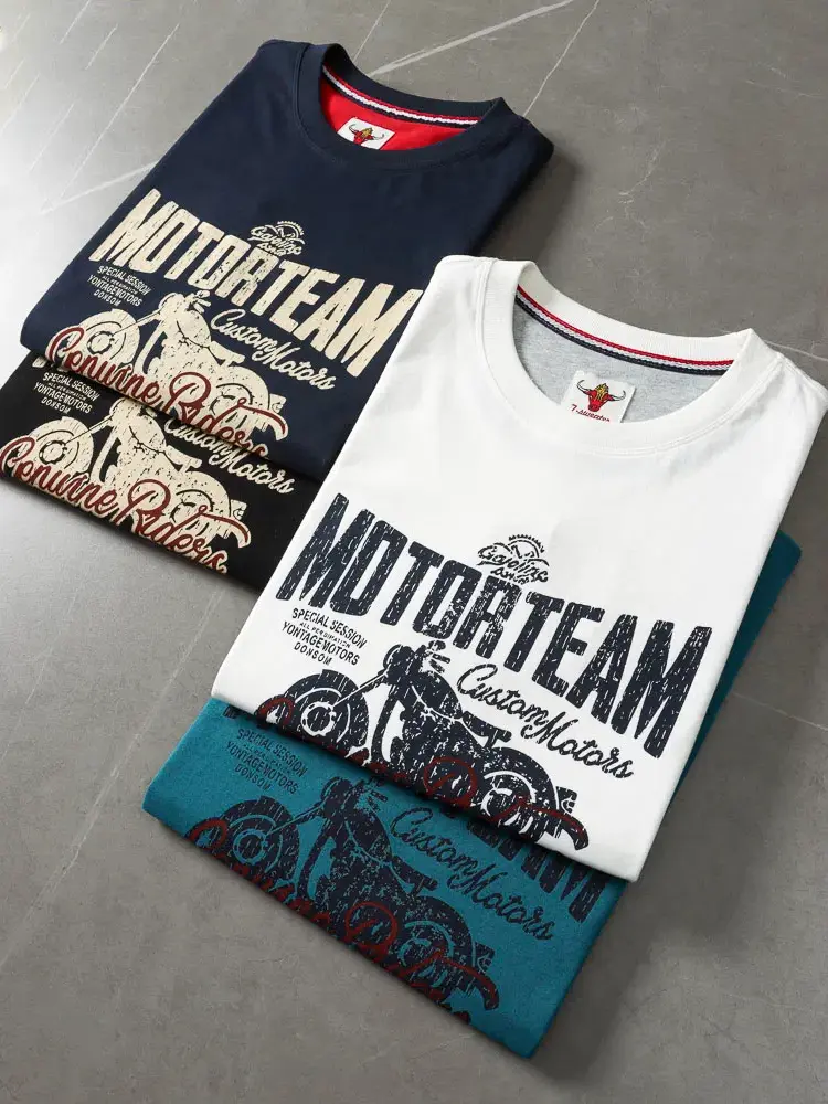 2025 Summer American Retro Short Sleeve O-neck Letter Motorcycle Printed T-shirt Men's Fashion 100% Cotton Washed Casual Tops