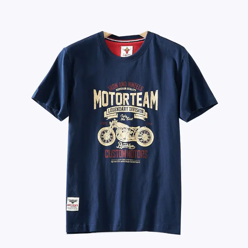 2025 Summer American Retro Short Sleeve O-neck Letter Motorcycle Printed T-shirt Men's Fashion 100% Cotton Washed Casual Tops
