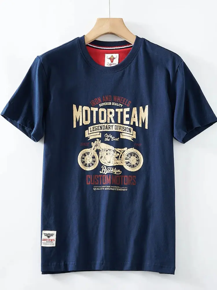2025 Summer American Retro Short Sleeve O-neck Letter Motorcycle Printed T-shirt Men's Fashion 100% Cotton Washed Casual Tops