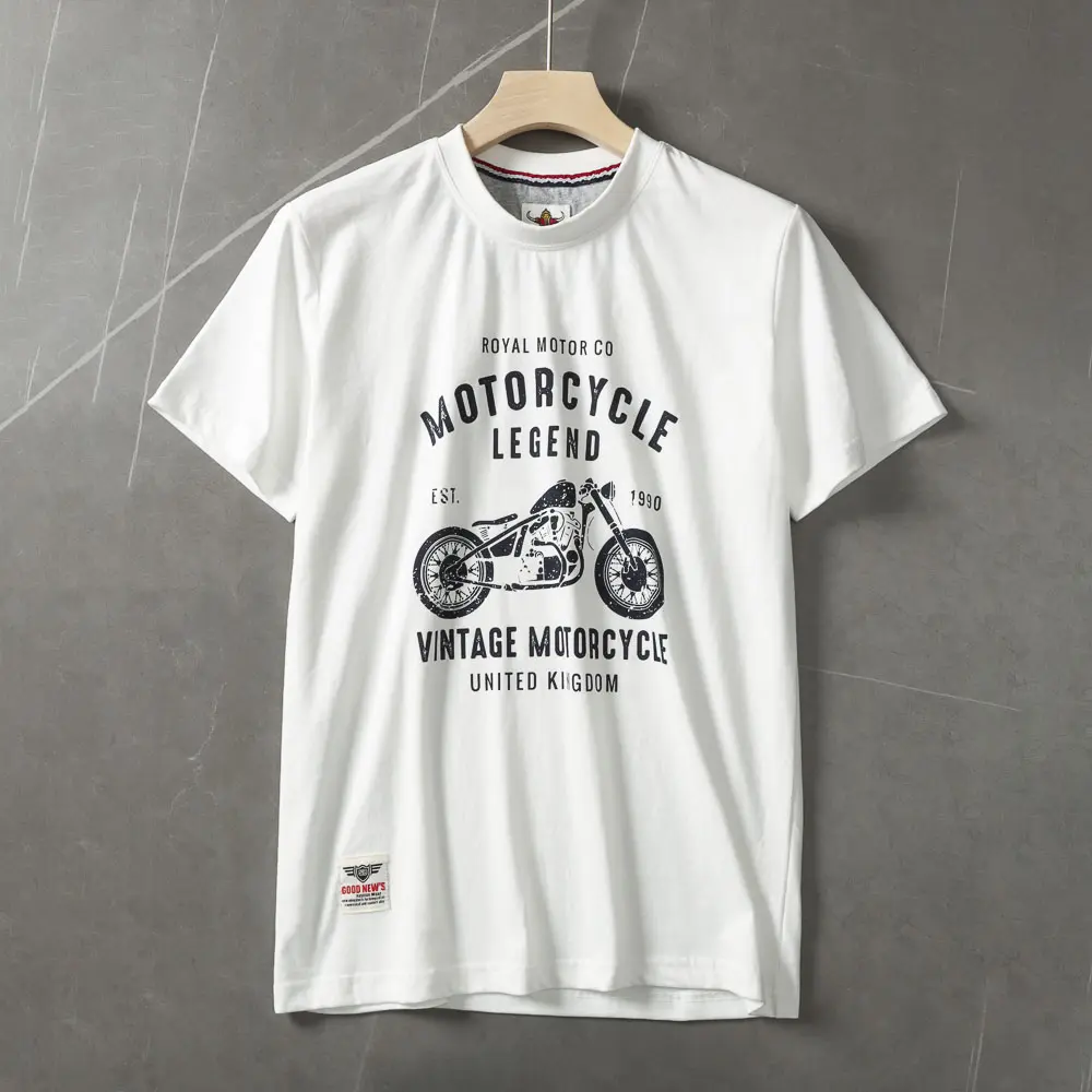 2025 Summer American Retro Short Sleeve O-neck Letter Motorcycle Printed T-shirt Men's Fashion 100% Cotton Washed Casual Tops