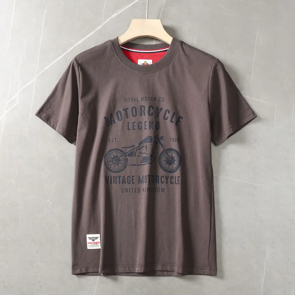 2025 Summer American Retro Short Sleeve O-neck Letter Motorcycle Printed T-shirt Men's Fashion 100% Cotton Washed Casual Tops