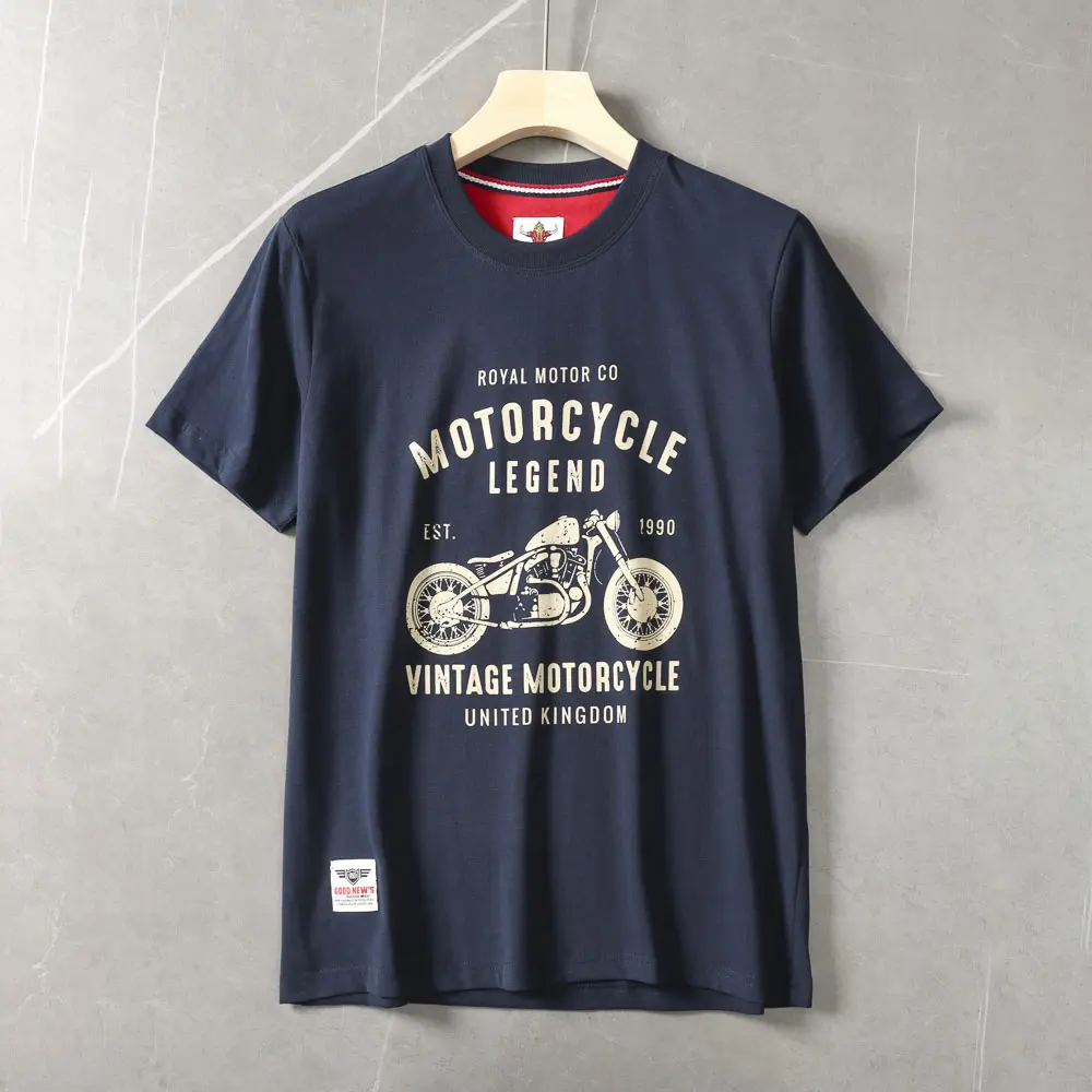 2025 Summer American Retro Short Sleeve O-neck Letter Motorcycle Printed T-shirt Men's Fashion 100% Cotton Washed Casual Tops