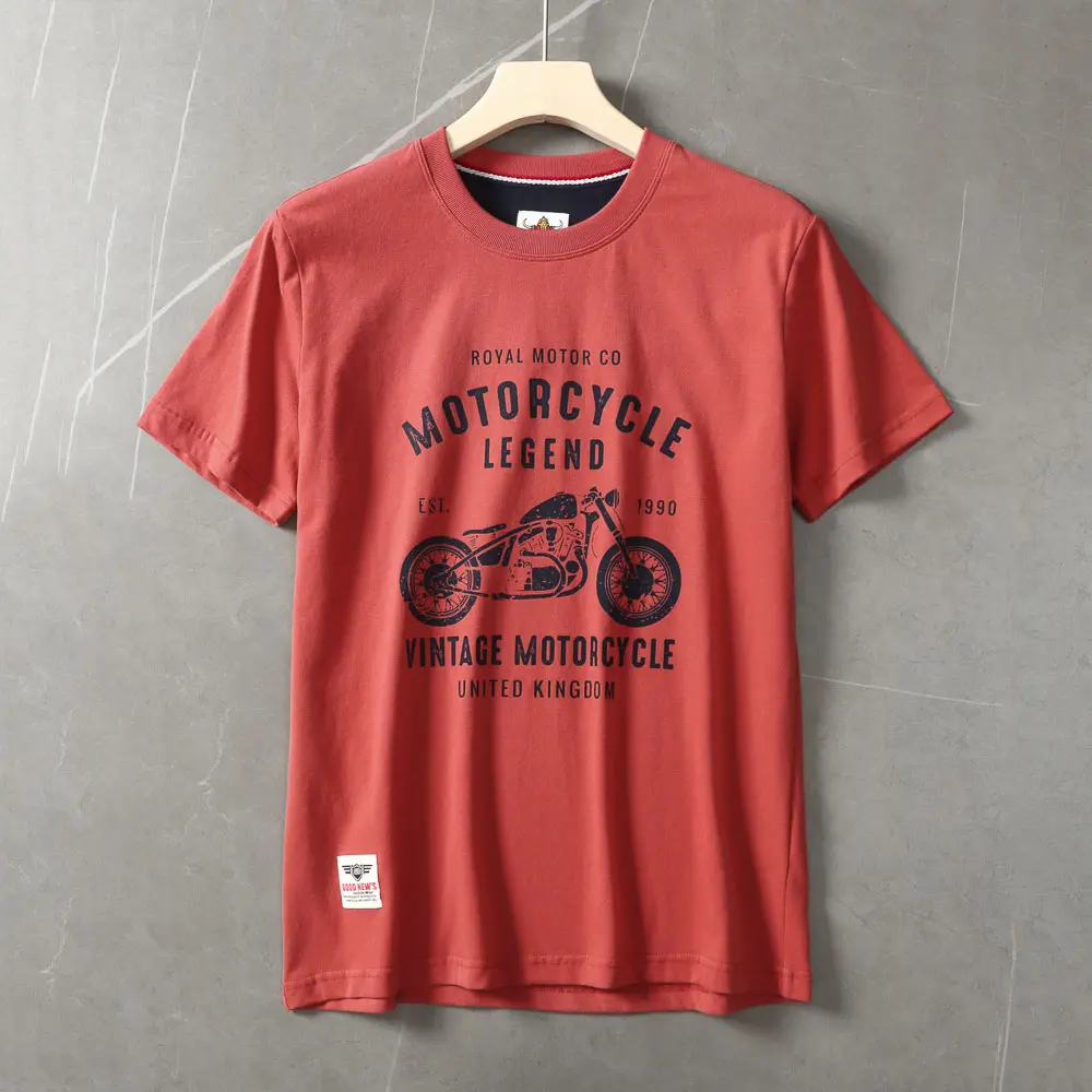 2025 Summer American Retro Short Sleeve O-neck Letter Motorcycle Printed T-shirt Men's Fashion 100% Cotton Washed Casual Tops