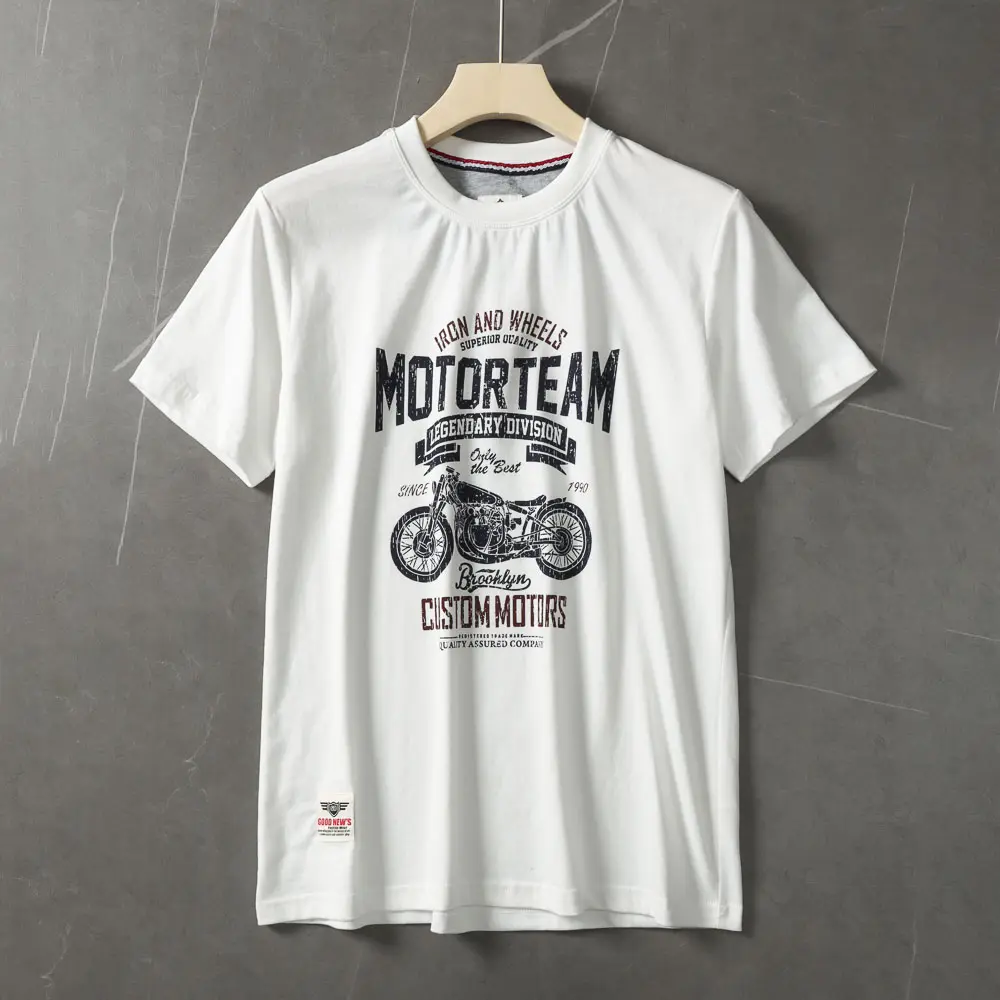 2025 Summer American Retro Short Sleeve O-neck Letter Motorcycle Printed T-shirt Men's Fashion 100% Cotton Washed Casual Tops