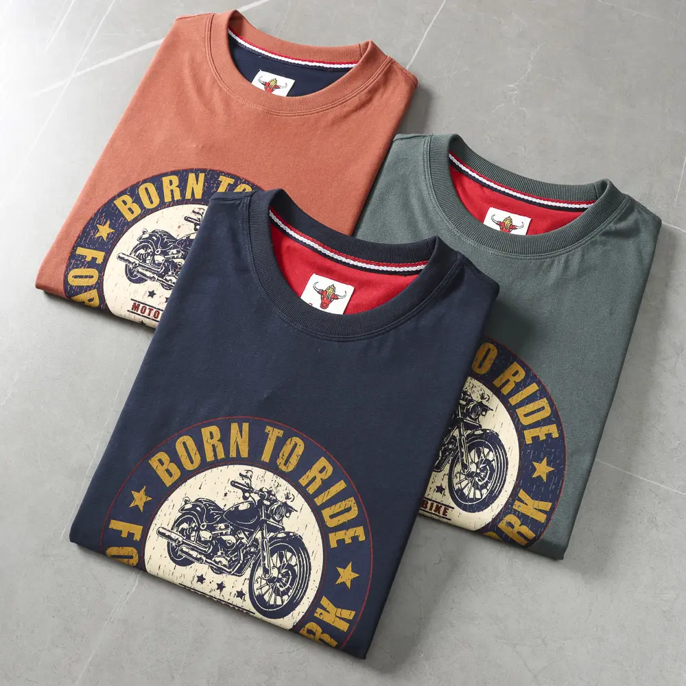 2025 Summer American Retro Short Sleeve O-neck Letter Motorcycle Printed T-shirt Men's Fashion 100% Cotton Washed Casual Tops