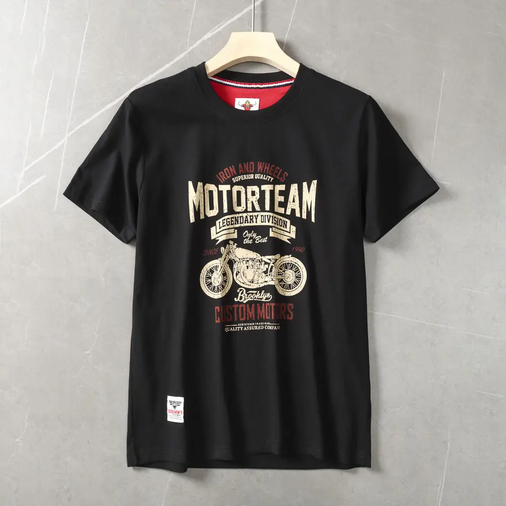 2025 Summer American Retro Short Sleeve O-neck Letter Motorcycle Printed T-shirt Men's Fashion 100% Cotton Washed Casual Tops
