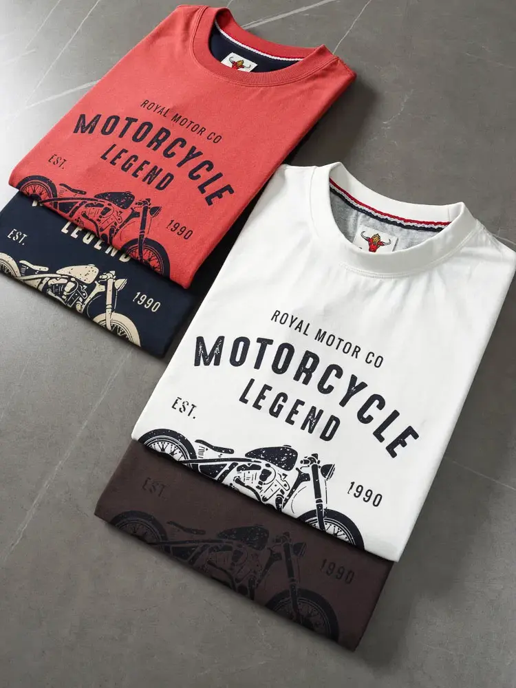 2025 Summer American Retro Short Sleeve O-neck Letter Motorcycle Printed T-shirt Men's Fashion 100% Cotton Washed Casual Tops