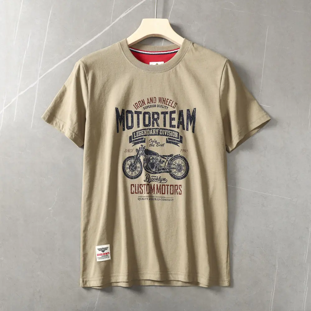 2025 Summer American Retro Short Sleeve O-neck Letter Motorcycle Printed T-shirt Men's Fashion 100% Cotton Washed Casual Tops