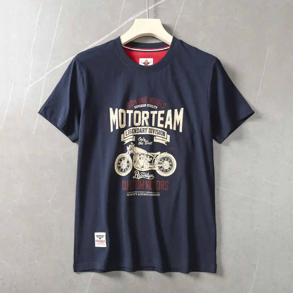 2025 Summer American Retro Short Sleeve O-neck Letter Motorcycle Printed T-shirt Men's Fashion 100% Cotton Washed Casual Tops