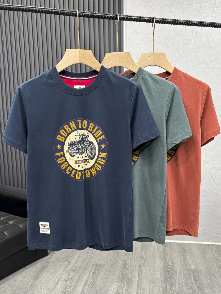 2025 Summer American Retro Short Sleeve O-neck Letter Motorcycle Printed T-shirt Men's Fashion 100% Cotton Washed Casual Tops