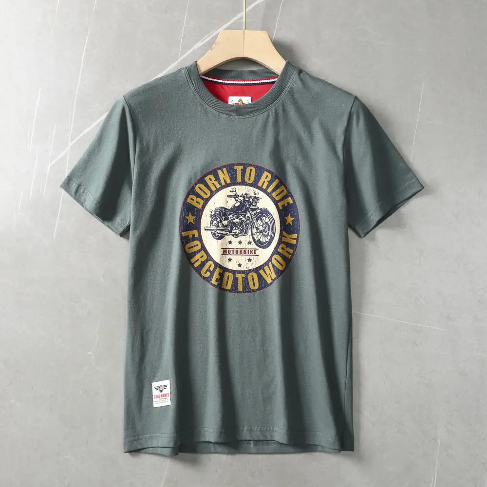 2025 Summer American Retro Short Sleeve O-neck Letter Motorcycle Printed T-shirt Men's Fashion 100% Cotton Washed Casual Tops