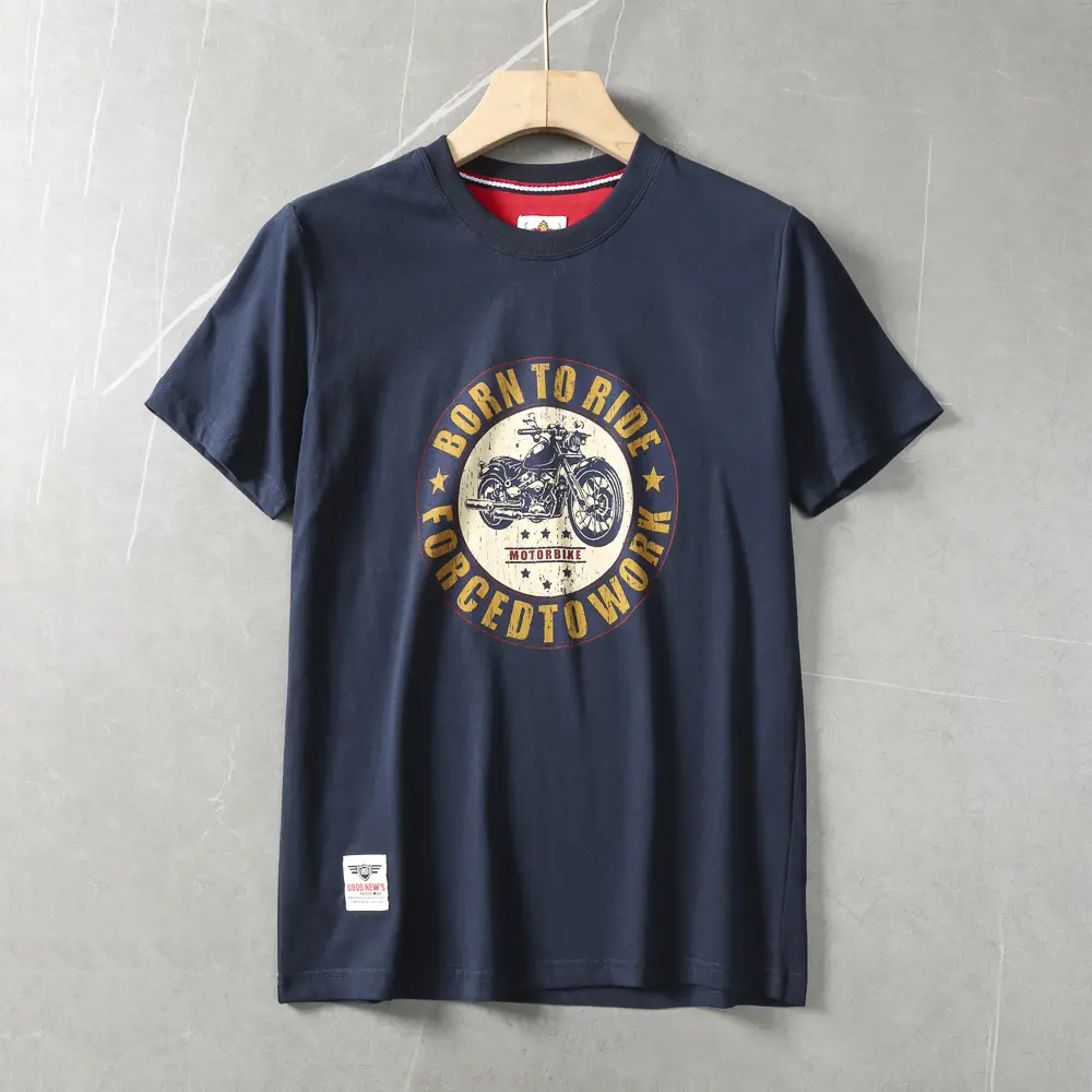 2025 Summer American Retro Short Sleeve O-neck Letter Motorcycle Printed T-shirt Men's Fashion 100% Cotton Washed Casual Tops
