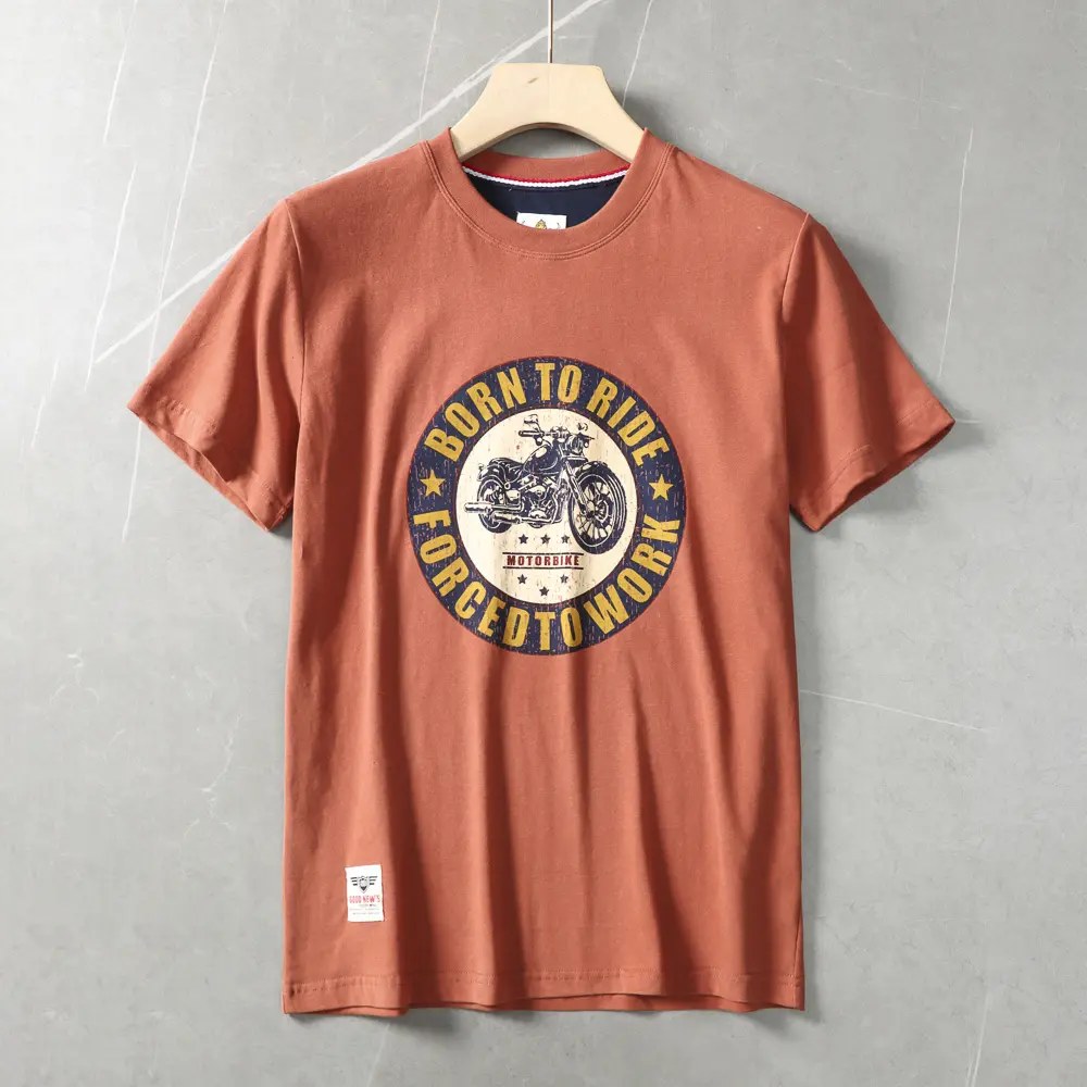 2025 Summer American Retro Short Sleeve O-neck Letter Motorcycle Printed T-shirt Men's Fashion 100% Cotton Washed Casual Tops