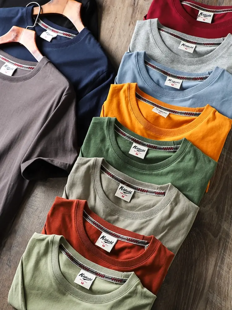 2025 Summer New American Retro Short Sleeve O-neck Solid Color T-shirt Men's Fashion 100% Cotton Washed Casual Terry Cloth Tops