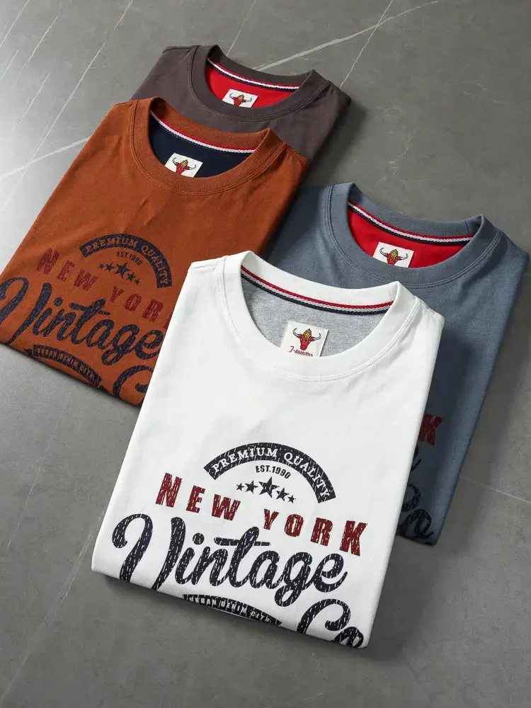 2025 Summer New American Retro Short Sleeve O-neck Letter Printed T-shirt Men's Fashion 100% Cotton Washed Casual Sports Tops