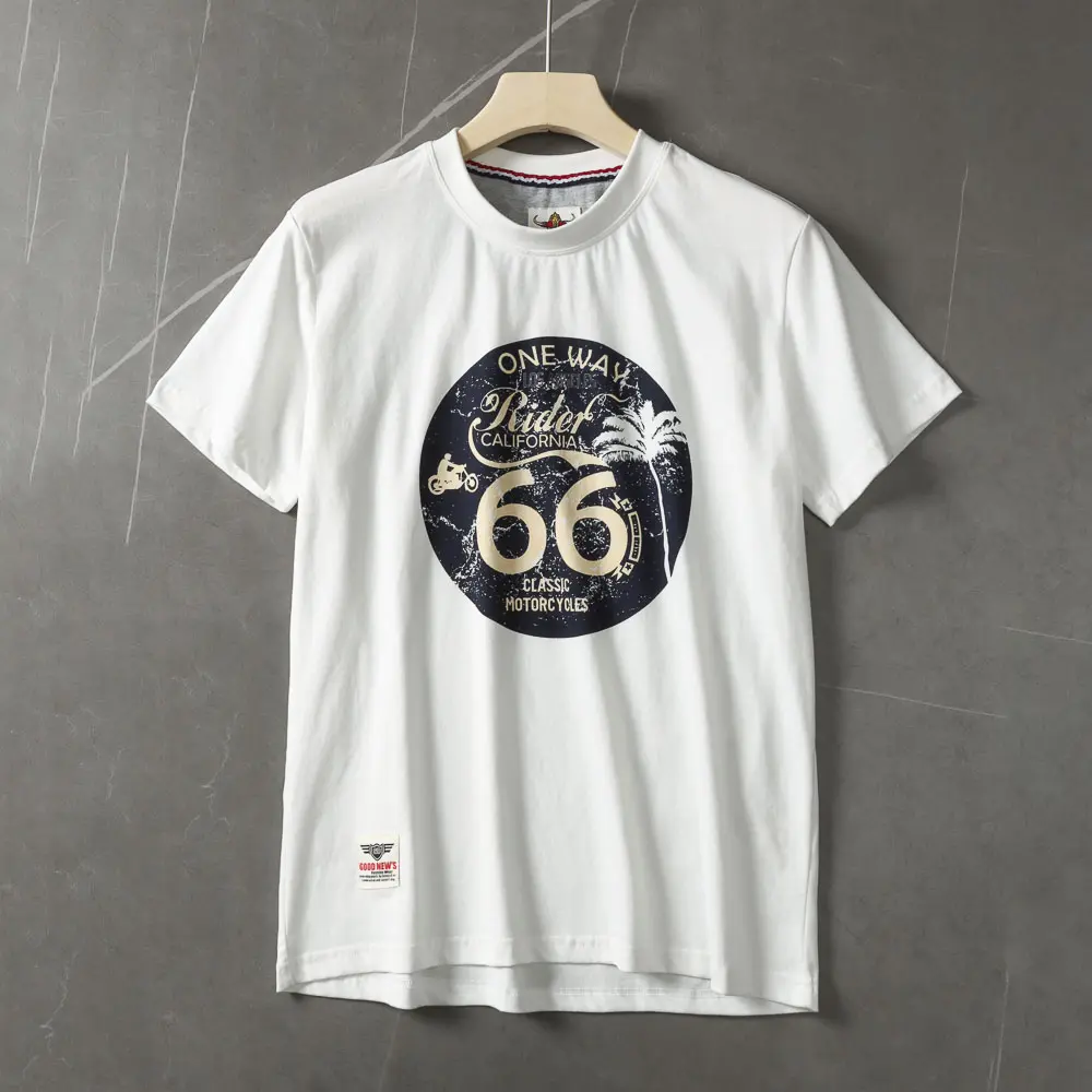 2025 Summer American Retro Short Sleeve O-neck Letter Motorcycle Printed T-shirt Men's Fashion 100% Cotton Washed Casual Tops