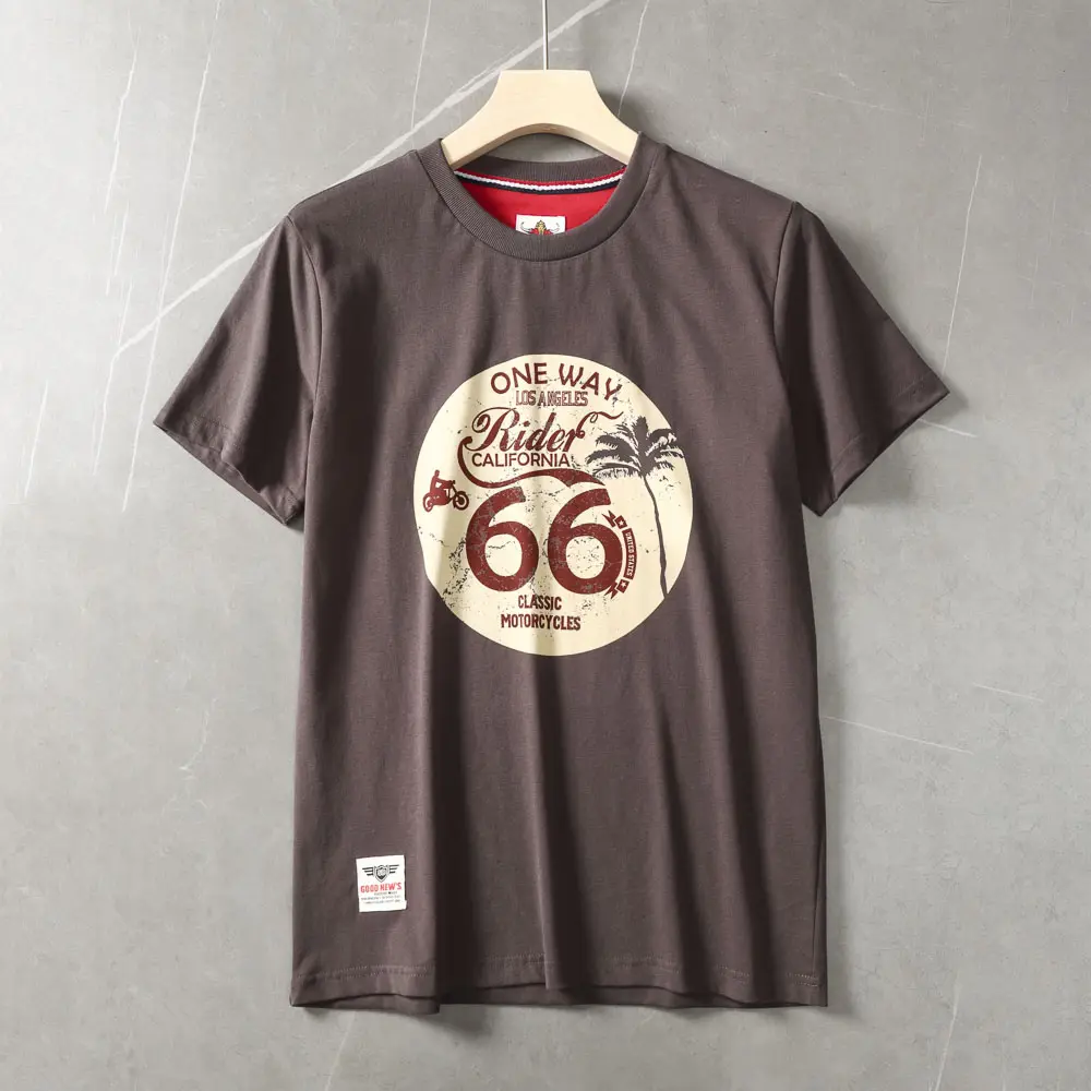 2025 Summer American Retro Short Sleeve O-neck Letter Motorcycle Printed T-shirt Men's Fashion 100% Cotton Washed Casual Tops