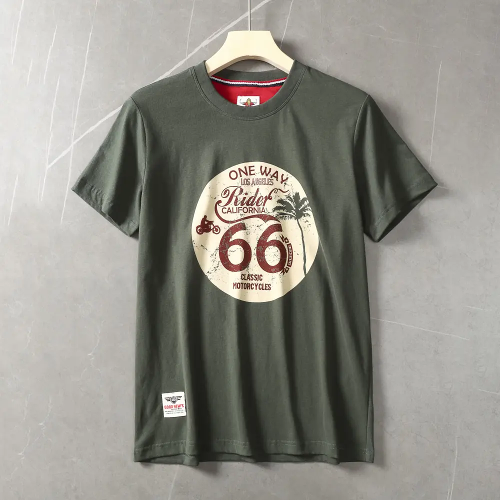 2025 Summer American Retro Short Sleeve O-neck Letter Motorcycle Printed T-shirt Men's Fashion 100% Cotton Washed Casual Tops