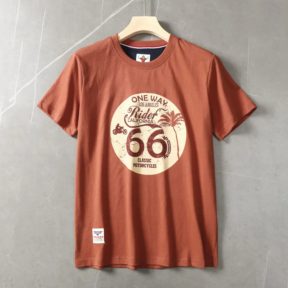 2025 Summer American Retro Short Sleeve O-neck Letter Motorcycle Printed T-shirt Men's Fashion 100% Cotton Washed Casual Tops