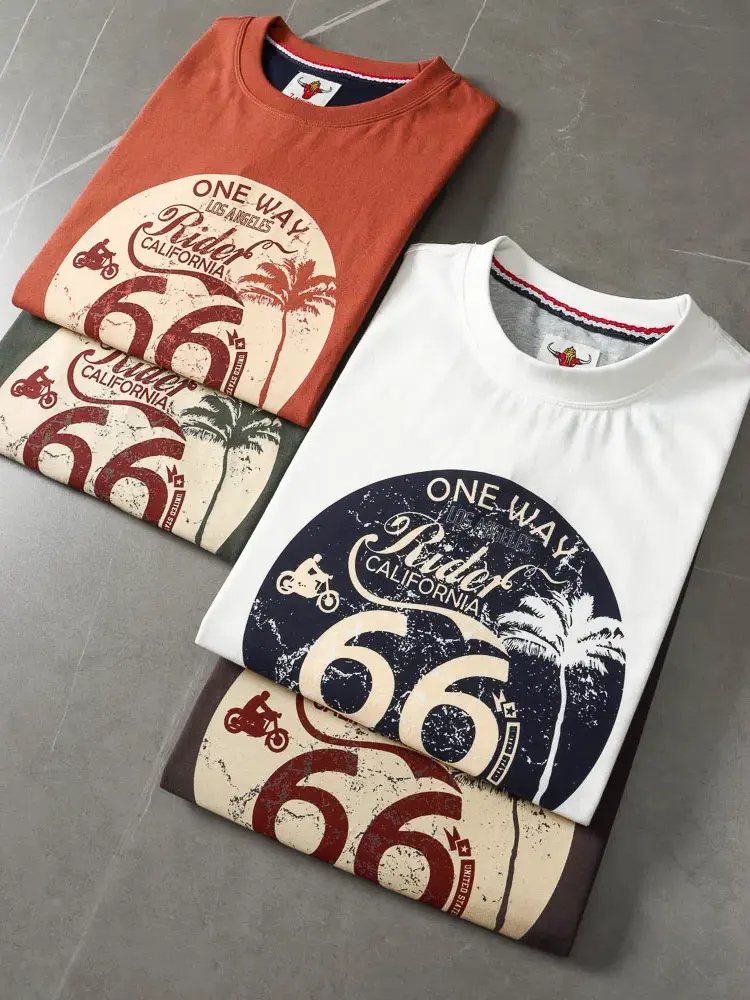 2025 Summer American Retro Short Sleeve O-neck Letter Motorcycle Printed T-shirt Men's Fashion 100% Cotton Washed Casual Tops