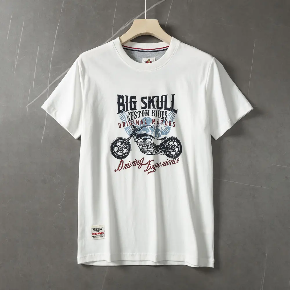 2025 Summer American Retro Short Sleeve O-neck Big Skull Motorcycle Printed T-shirt Men's Fashion 100% Cotton Washed Casual Tops