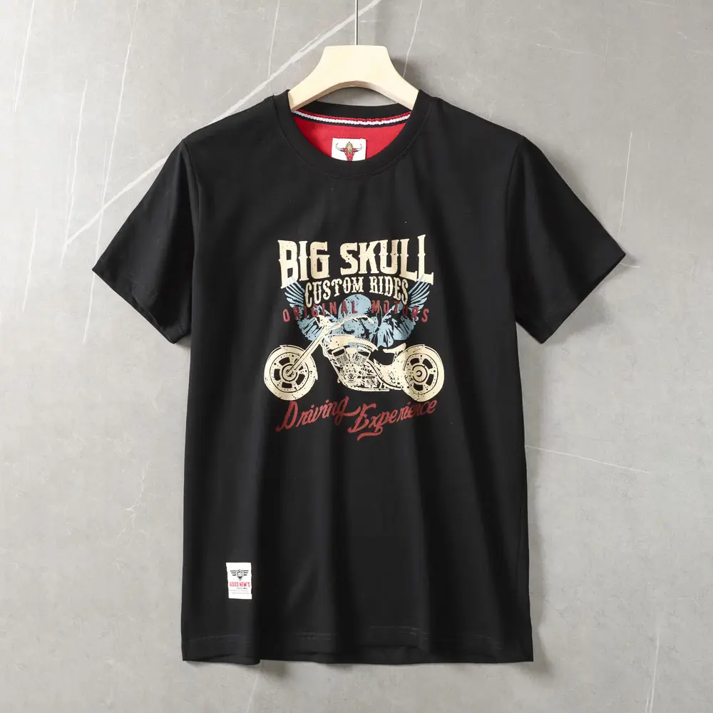 2025 Summer American Retro Short Sleeve O-neck Big Skull Motorcycle Printed T-shirt Men's Fashion 100% Cotton Washed Casual Tops