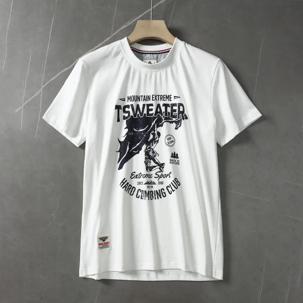 2025 Summer New American Retro Short Sleeve O-neck Letter Climbing Printed T-shirt Men's Fashion 100% Cotton Washed Casual Tops