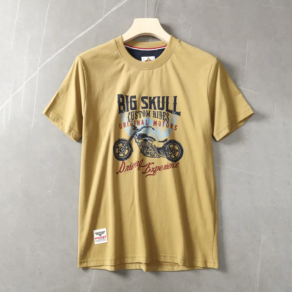 2025 Summer American Retro Short Sleeve O-neck Big Skull Motorcycle Printed T-shirt Men's Fashion 100% Cotton Washed Casual Tops