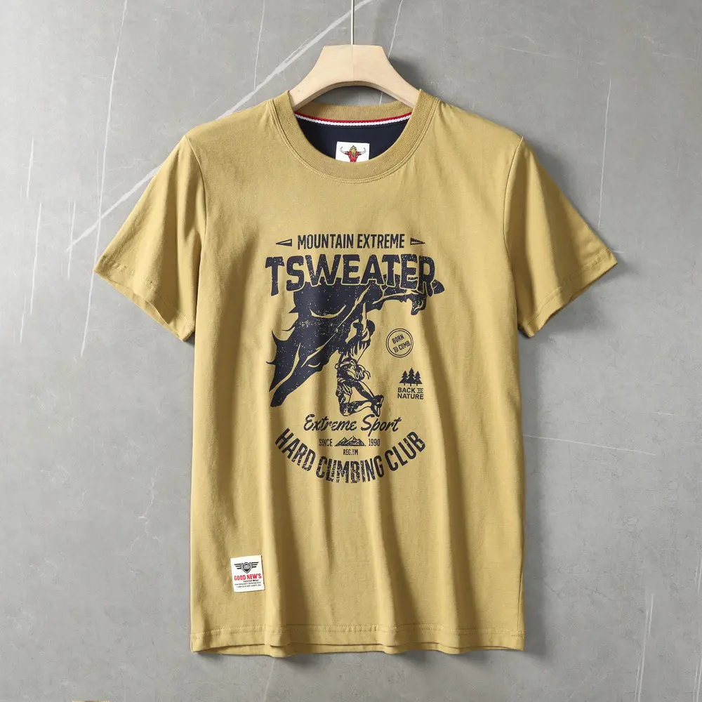 2025 Summer New American Retro Short Sleeve O-neck Letter Climbing Printed T-shirt Men's Fashion 100% Cotton Washed Casual Tops