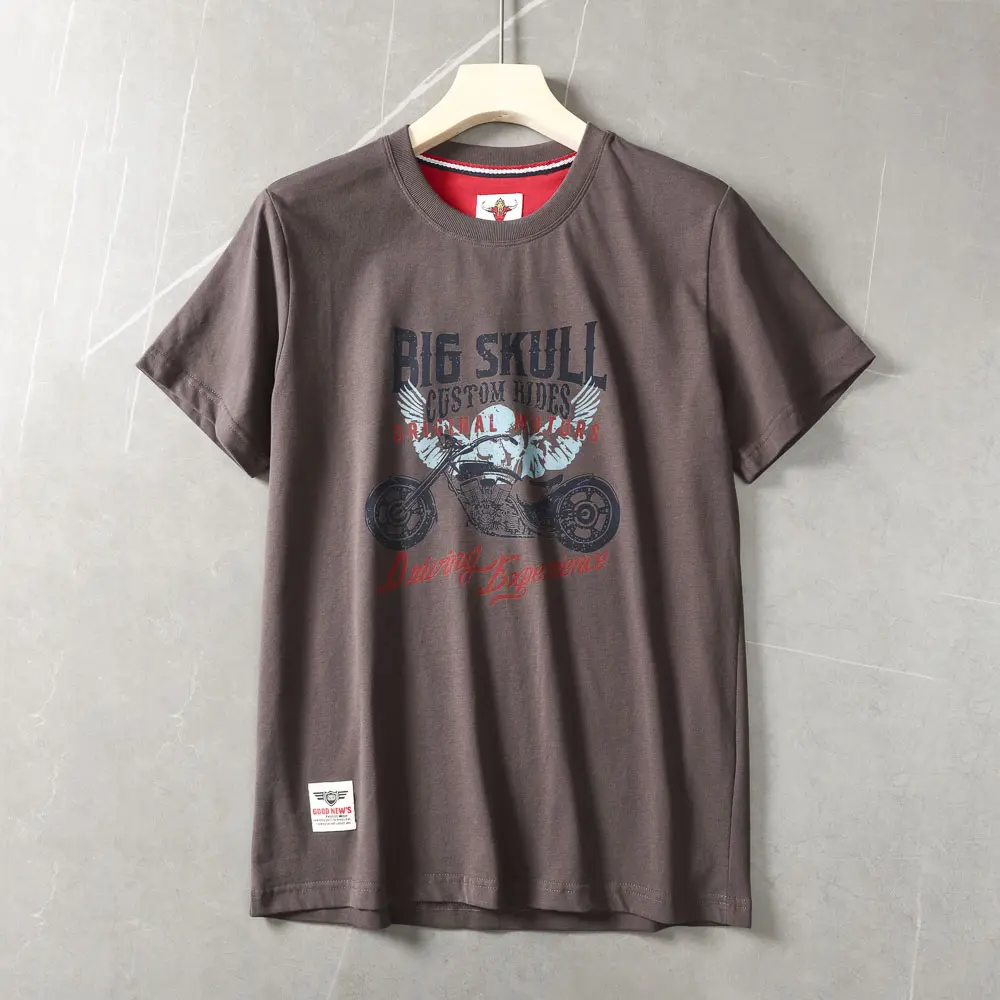 2025 Summer American Retro Short Sleeve O-neck Big Skull Motorcycle Printed T-shirt Men's Fashion 100% Cotton Washed Casual Tops
