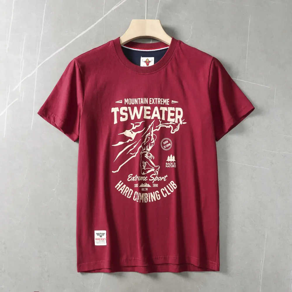 2025 Summer New American Retro Short Sleeve O-neck Letter Climbing Printed T-shirt Men's Fashion 100% Cotton Washed Casual Tops